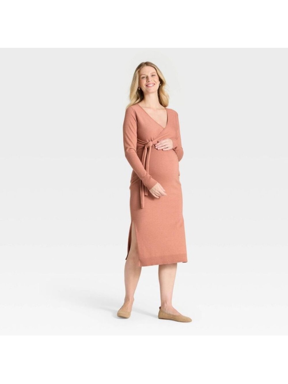 Isabel Maternity by Ingrid & Isabel Knit Wrap Midi Dress in Dusty Rose